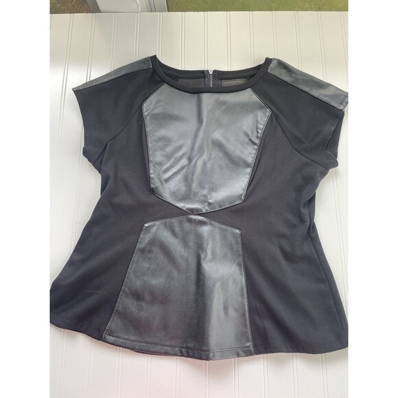 Worthington Black Faux Leather Top Size L Petite Short Sleeve Career 30.7632 - Picture 1 of 8